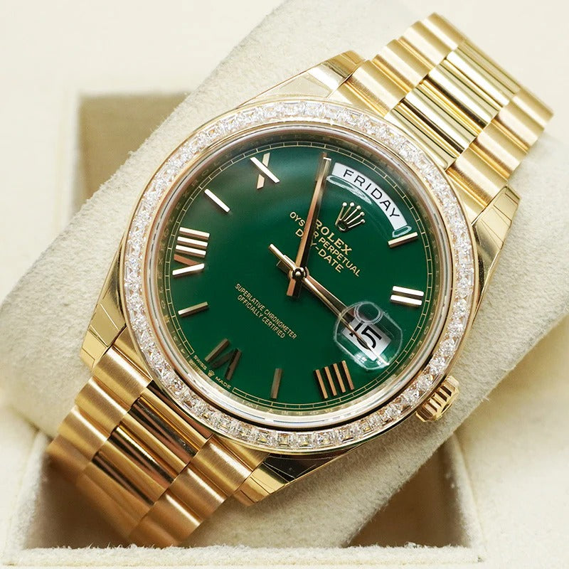 Rolex Date 40 228398TBR Yellow Gold Green Roman Dial
