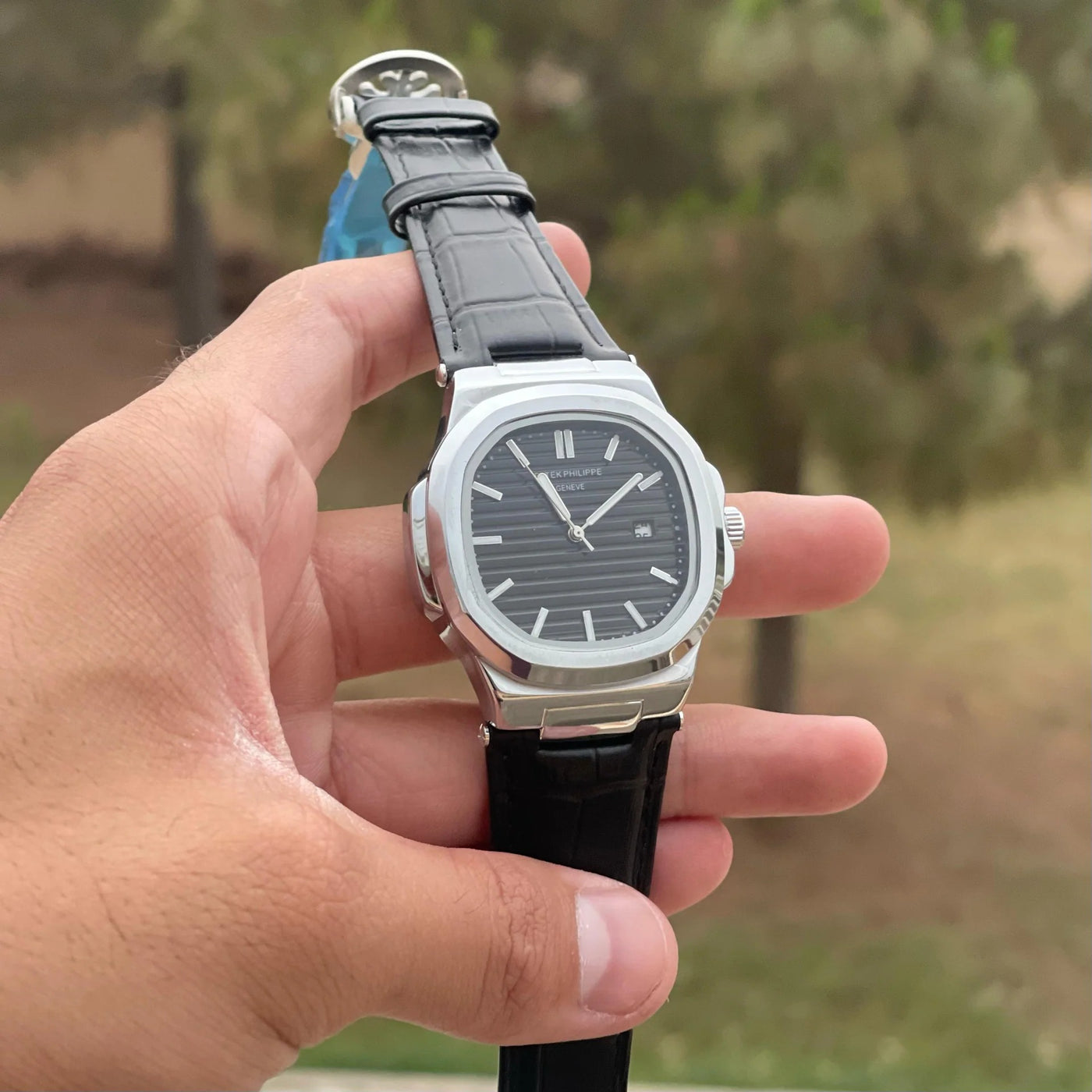 Patek Philippe Luxury Watch – Classic Black Dial with Leather Straps